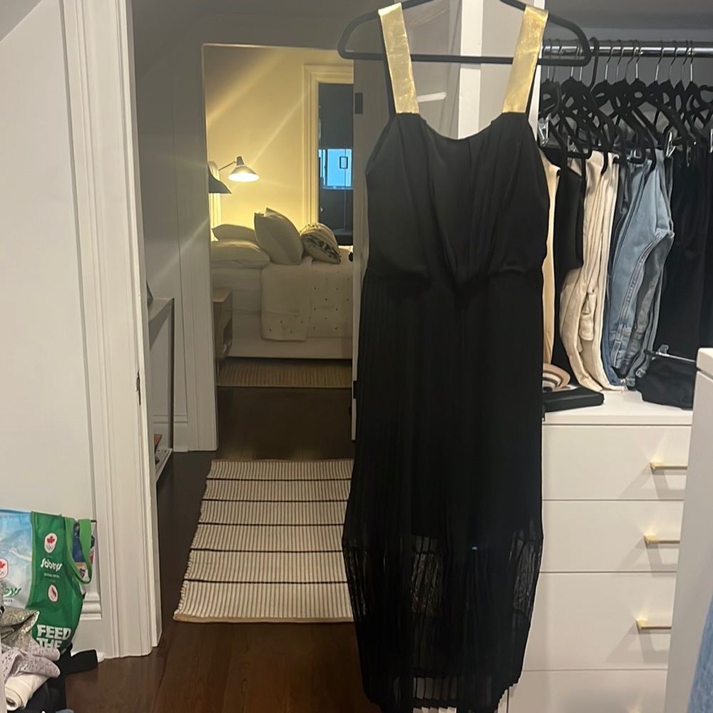 Beautiful Sandro pleated black midi dress lace detail at the bottom